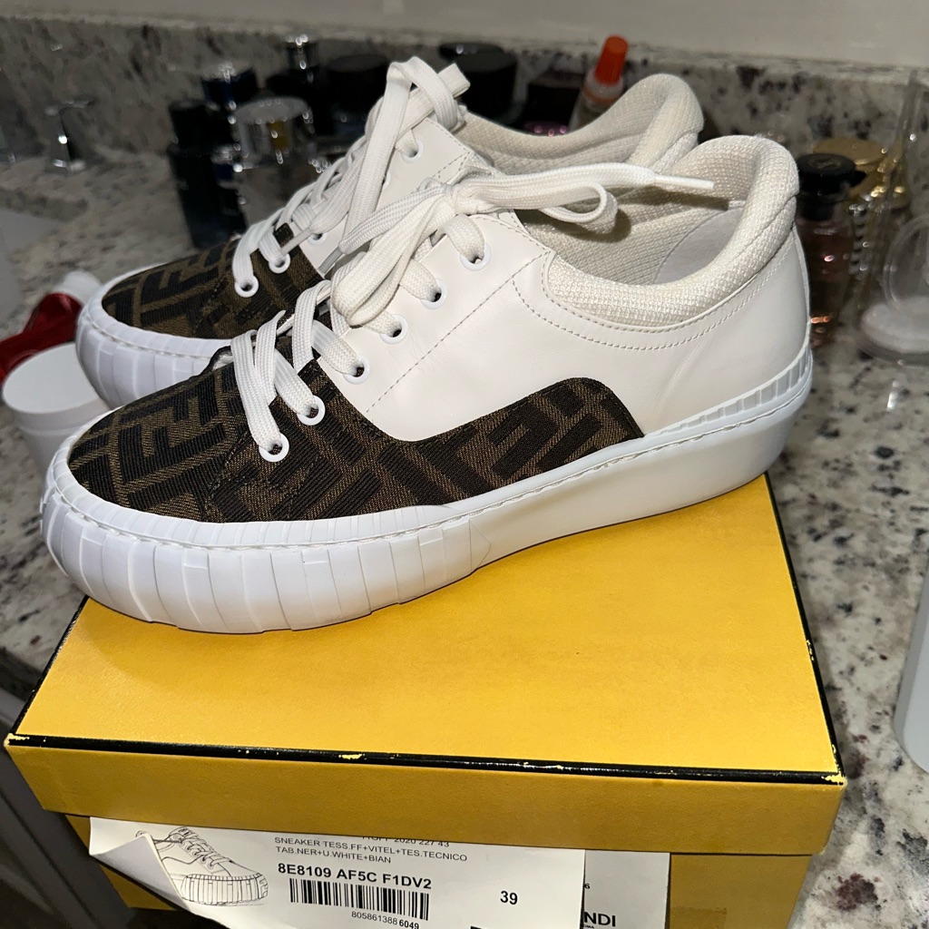 Fendi Brown Ff Canvas And White Leather Low-Top Sneakers